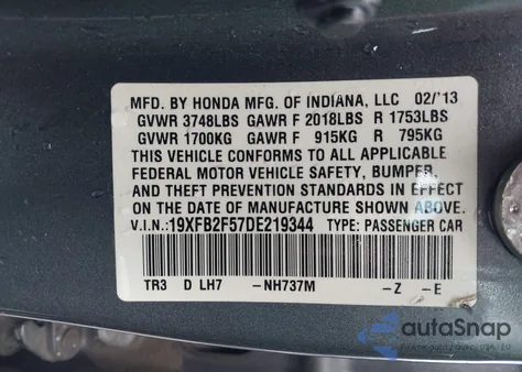 2013 Honda Civic Lx из США, поврежденный, VIN 19XFB2F57DE219344